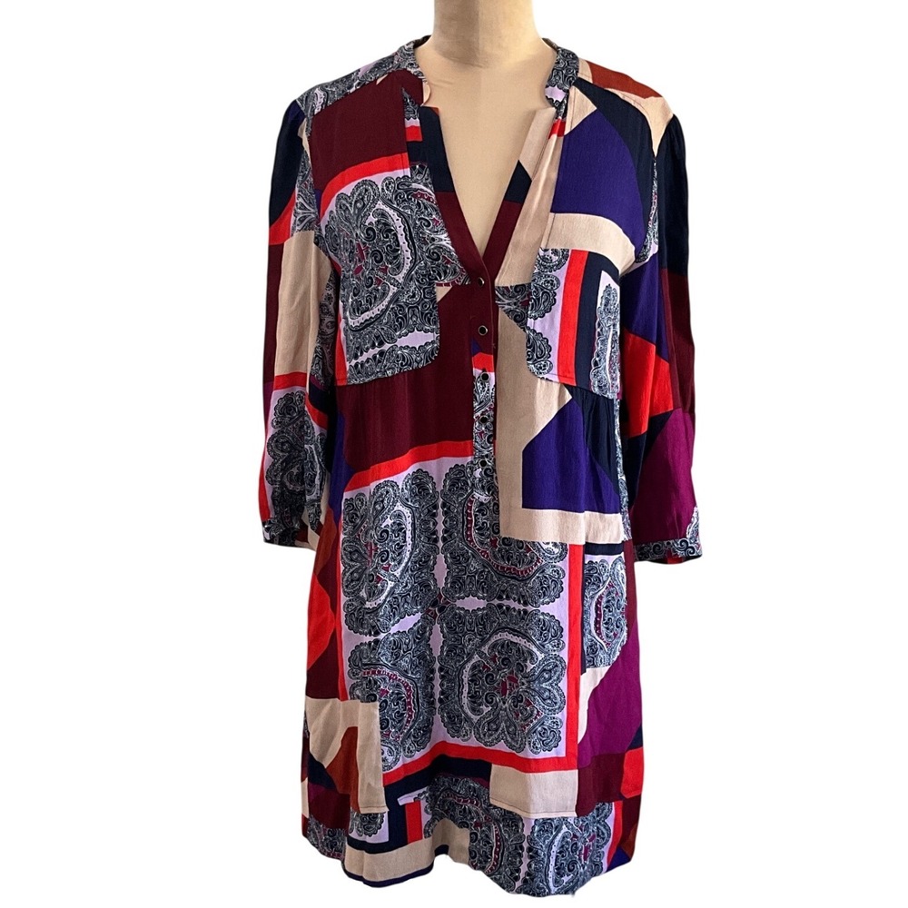 Maeve Anthropologie Taryn Patchwork Paisley Crepe Shift Tunic Dress Size 8